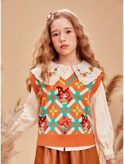 Teen Girls 1pc Geometric & Figure Pattern Sweater Vest