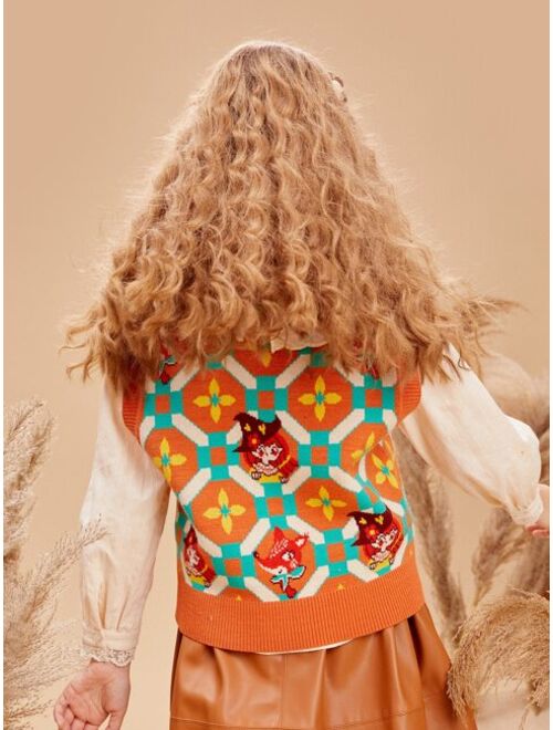 Shein Teen Girls 1pc Geometric & Figure Pattern Sweater Vest