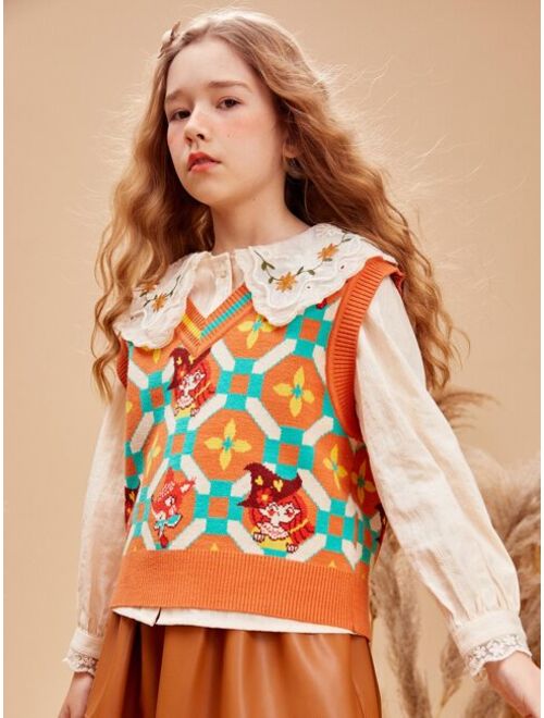 Shein Teen Girls 1pc Geometric & Figure Pattern Sweater Vest