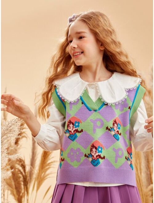 Shein Teen Girls 1pc Figure & Letter Pattern Sweater Vest