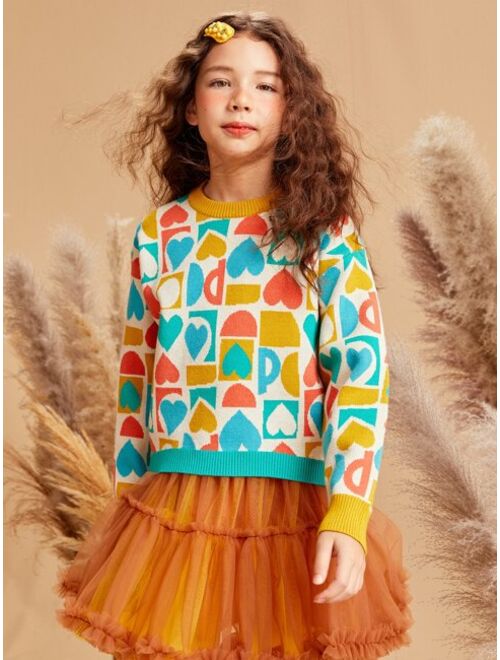 Shein Girls Geo & Heart Pattern Sweater