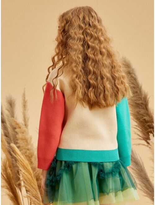 Shein Girls Figure & Letter Pattern Drop Shoulder Sweater