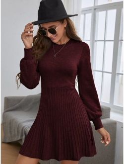 Lantern Sleeve Ribbed Knit Sweater Dress
