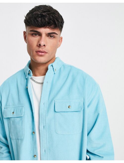 ASOS DESIGN 90s oversized cord shirt with double pockets in aqua