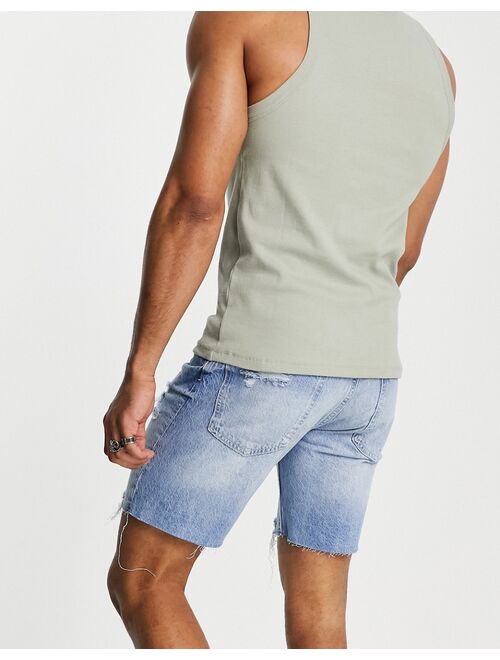 Pull&Bear straight fit denim shorts with rips in mid blue