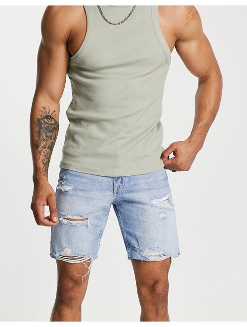 Pull&Bear straight fit denim shorts with rips in mid blue