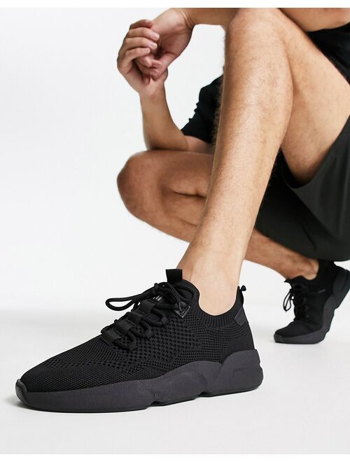 Pull&Bear lace-up runner sneakers in black