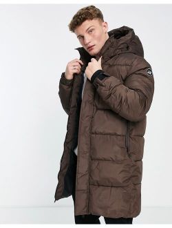 long line puffer coat in brown