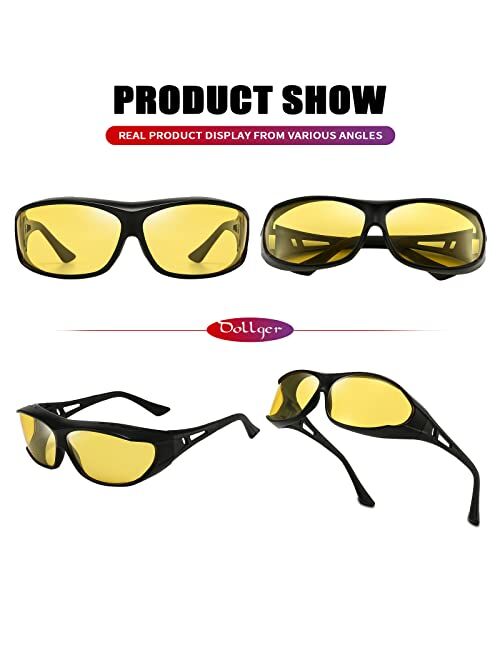 Dollger Night Vision Glasses for Men Women Anti Glare Polarized HD Night Driving Glasses Wrap Around Fit Over Prescription Eyewear