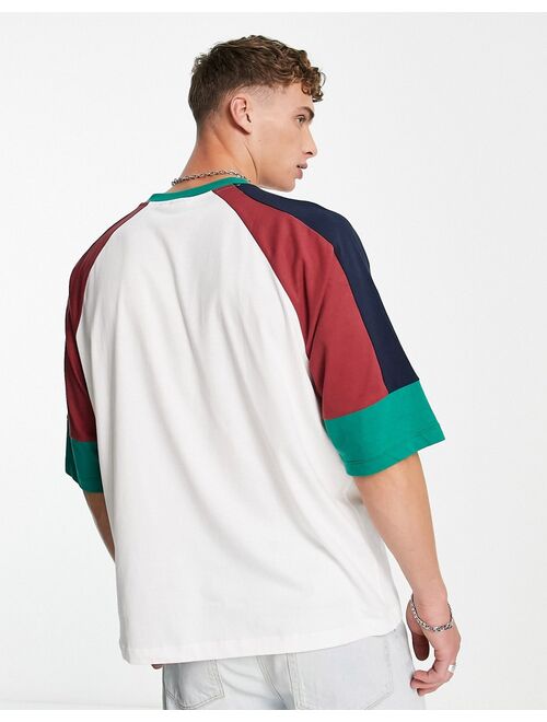 ASOS DESIGN oversized t-shirt in off white and burgundy color block with San Diego city print