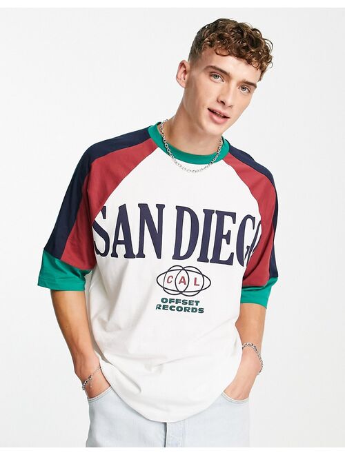 ASOS DESIGN oversized t-shirt in off white and burgundy color block with San Diego city print