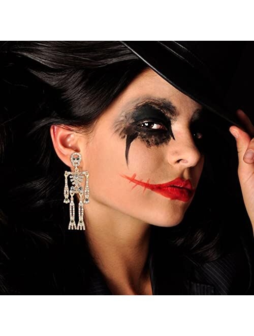 Frodete Halloween Skeleton Skull Earrings for Women Bling Rhinestone Crystal Gothic Skull Earring Halloween Theme Jewelry Gift Charm