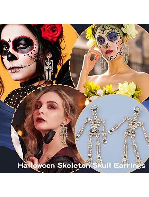Frodete Halloween Skeleton Skull Earrings for Women Bling Rhinestone Crystal Gothic Skull Earring Halloween Theme Jewelry Gift Charm
