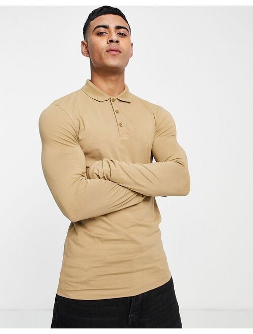 ASOS DESIGN long sleeve muscle fit jersey polo in khaki