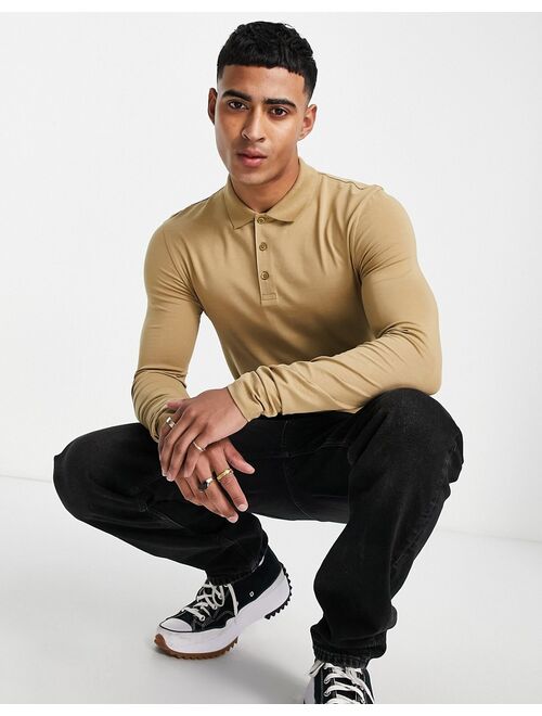 ASOS DESIGN long sleeve muscle fit jersey polo in khaki