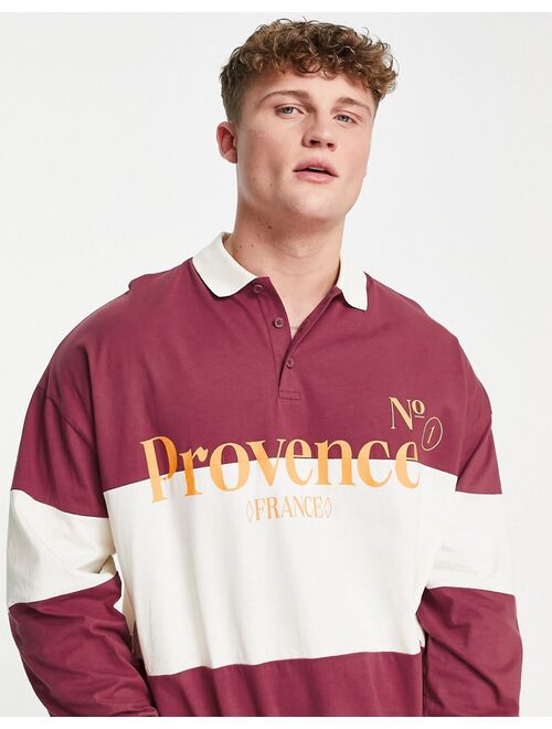 ASOS DESIGN oversized long sleeve polo t-shirt in burgundy & off white stripe with text print
