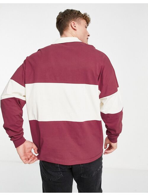 ASOS DESIGN oversized long sleeve polo t-shirt in burgundy & off white stripe with text print