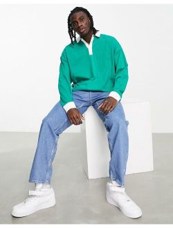 oversized long sleeve polo in green with white contrast