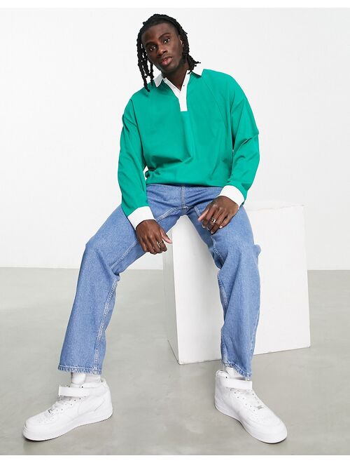 ASOS DESIGN oversized long sleeve polo in green with white contrast