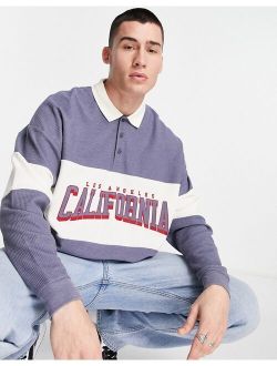 oversized long sleeve polo T-shirt in gray waffle with California print
