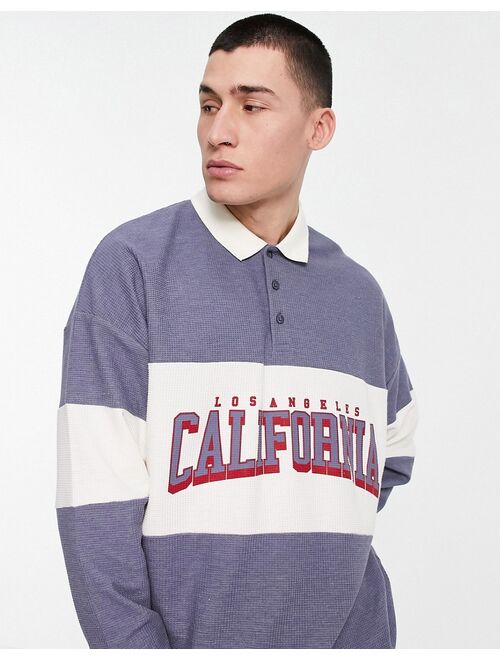 ASOS DESIGN oversized long sleeve polo T-shirt in gray waffle with California print