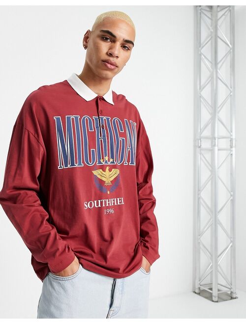 ASOS DESIGN oversized long sleeve polo t-shirt in burgundy with Michigan print
