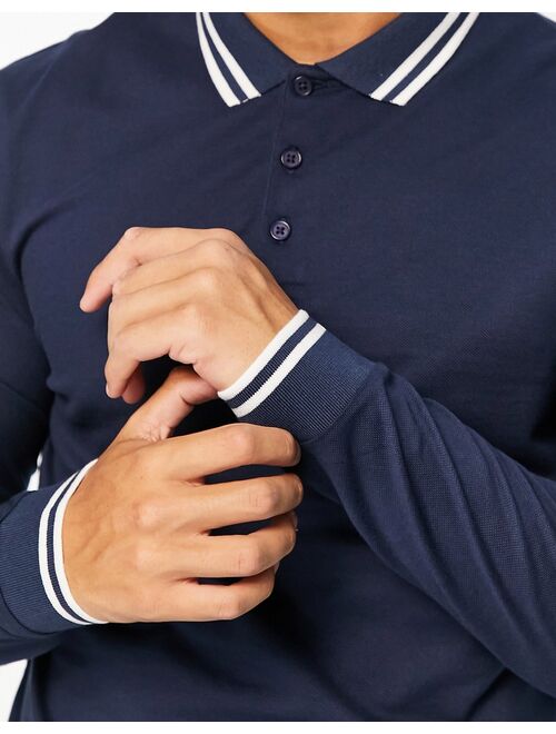ASOS DESIGN long sleeve tipped pique polo shirt in navy
