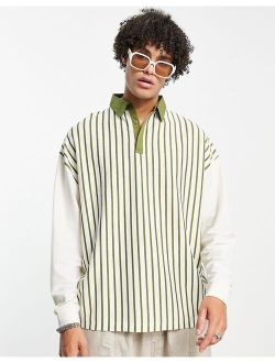 oversized long sleeve polo T-shirt in green retro stripe