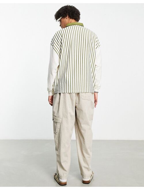 ASOS DESIGN oversized long sleeve polo T-shirt in green retro stripe