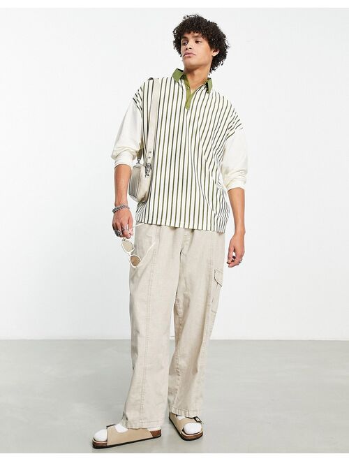 ASOS DESIGN oversized long sleeve polo T-shirt in green retro stripe