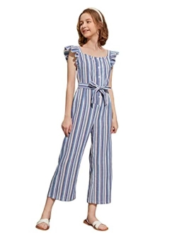 Girl's Plaid Ruffle Cap Sleeve Square Neck Button Front Belted Jumpsuit Pants