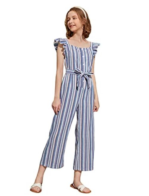 WDIRARA Girl's Plaid Ruffle Cap Sleeve Square Neck Button Front Belted Jumpsuit Pants