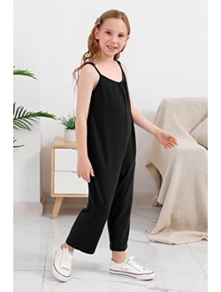 GORLYA Girls Sleeveless Casual Jumpsuit Rompers Straight Wide Leg Pants Outfits for 4-14T