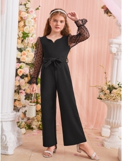 OYOANGLE Girl's Polka Dots Mesh Long Sleeve Sweetheart Neck Belted Jumpsuit Romper