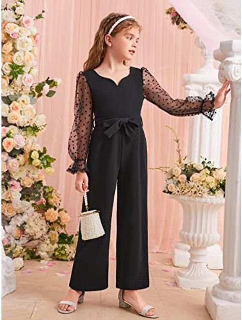 OYOANGLE Girl's Polka Dots Mesh Long Sleeve Sweetheart Neck Belted Jumpsuit Romper
