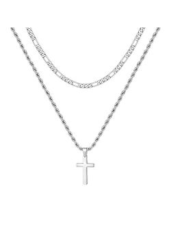 Yesteel Layered Cross Chain Necklace for Men Women, Stainless Steel Rope Figaro Chain Cross Pendant Necklace Jewelry Gifts Men Women Teenage Boys 16-24 Inches Silver Blac