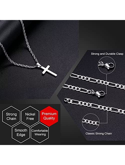 Yesteel Layered Cross Chain Necklace for Men Women, Stainless Steel Rope Figaro Chain Cross Pendant Necklace Jewelry Gifts Men Women Teenage Boys 16-24 Inches Silver Blac