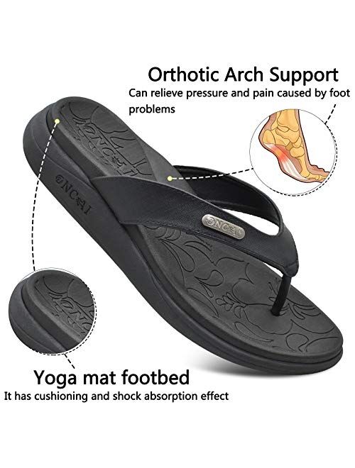ONCAI Womens Flip Flops,Summer Beach Leather Strap Comfortable Arch Support Thong Sandals with Orthotic Plantar Fasciitis Yoga Foam Rubber Soles Size 5-12