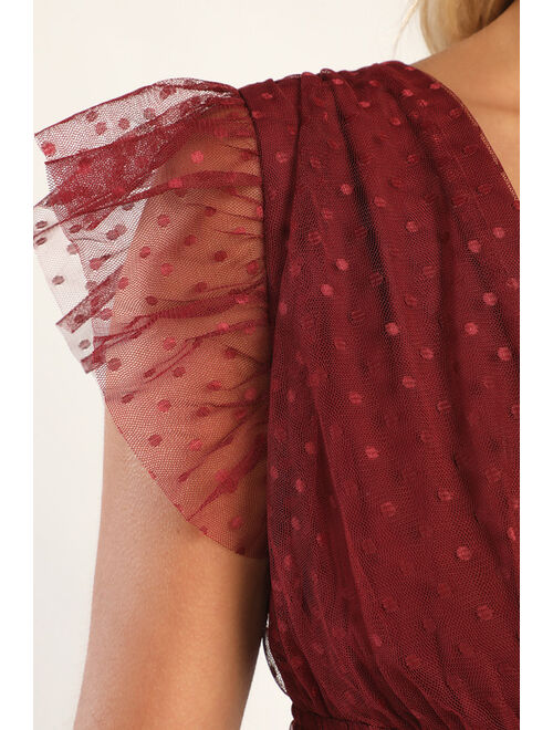 Lulus Yours Evermore Burgundy Swiss Dot Ruffled Midi Dress