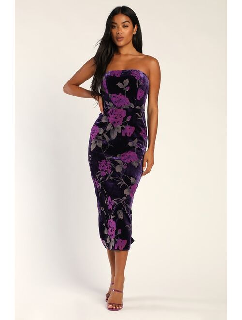 Lulus Buy You Flowers Purple Floral Print Velvet Strapless Midi Dress