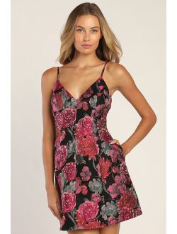 Bewitching Blooms Black Floral Jacquard Mini Dress with Pockets