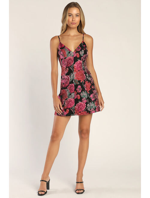Lulus Bewitching Blooms Black Floral Jacquard Mini Dress with Pockets