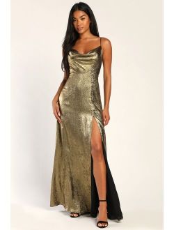 Shining Just For You Gold Metallic Cowl Neck Maxi Dress
