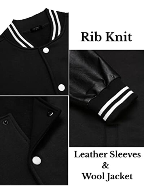 COOFANDY Men Fashion Varsity Jackets Leather Sleeve Slim Fit College Baseball Letterman Bomber Coat