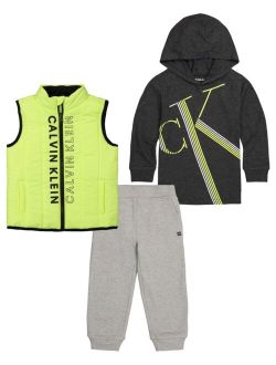 Little Boys Quilted Vest, Hooded Logo T-shirt and Fleece Joggers, 3 Piece Set