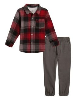 Little Boys Yarn-Dyed Plaid Button-Front Shirt and Twill Joggers, 2 Piece Set