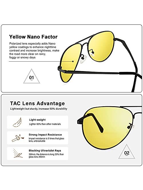 Wzerry Aviator Night Vision Driving Glasses for Men Women, Anti-glare Night Time Glasses, Classic Polarized Pilot Style Sunglasses