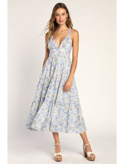 Brightly Blossoming Light Blue Floral Tiered Midi Dress
