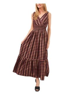Women's Plaid Smocked-Waist Tie-Shoulder Foiled Tiered Maxi Dress