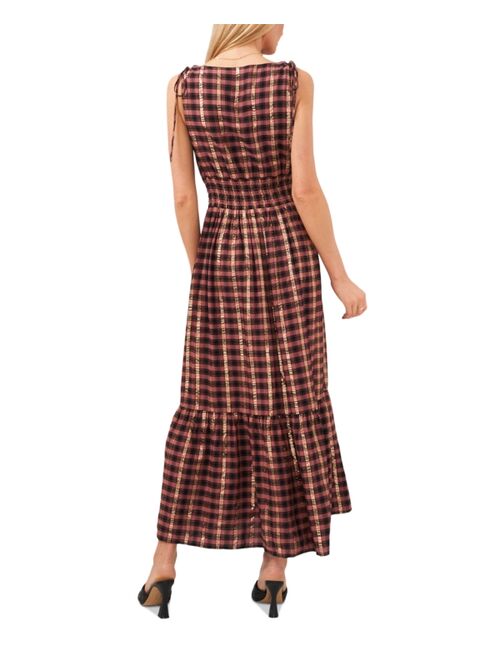 VINCE CAMUTO Women's Plaid Smocked-Waist Tie-Shoulder Foiled Tiered Maxi Dress